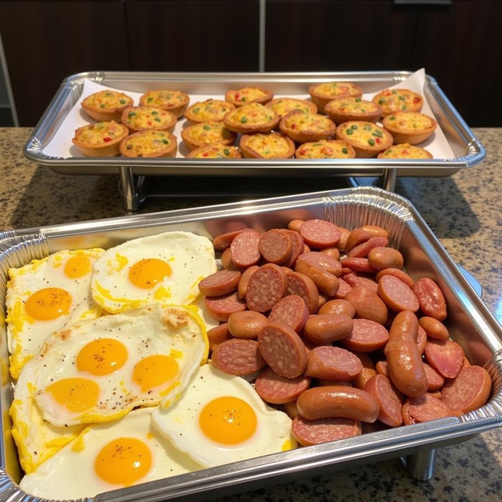 Buffet servers and warming trays filled with food