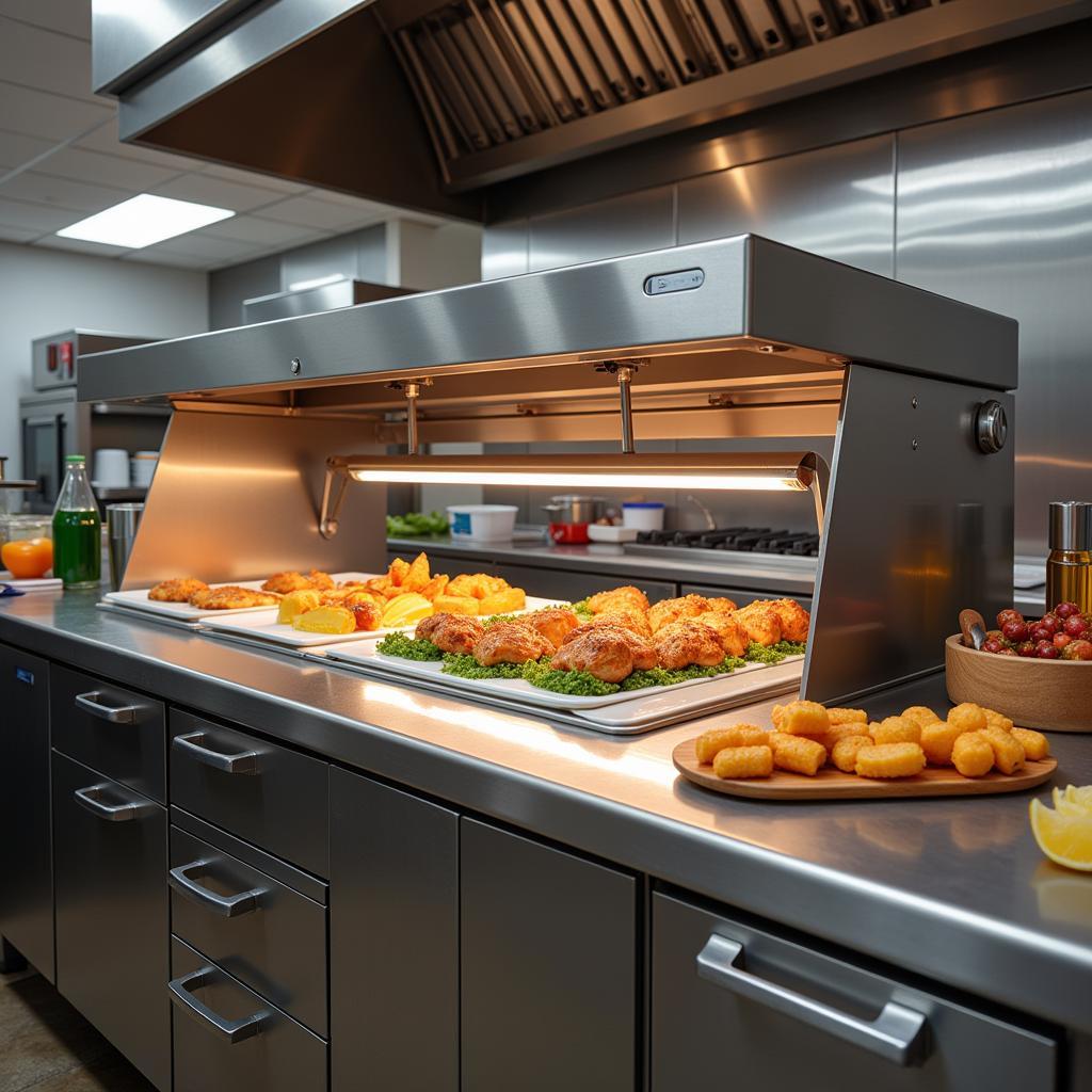 A professional kitchen with a built-in food warmer