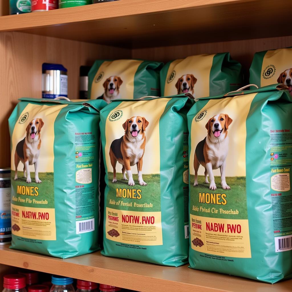 Large bags of dog food stacked neatly in a pantry.