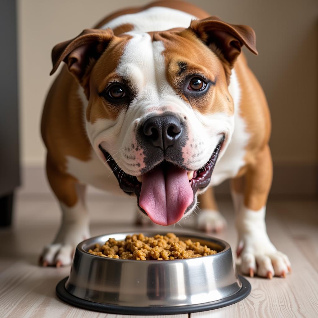 A bully dog enjoying its meal from a dog bowl.