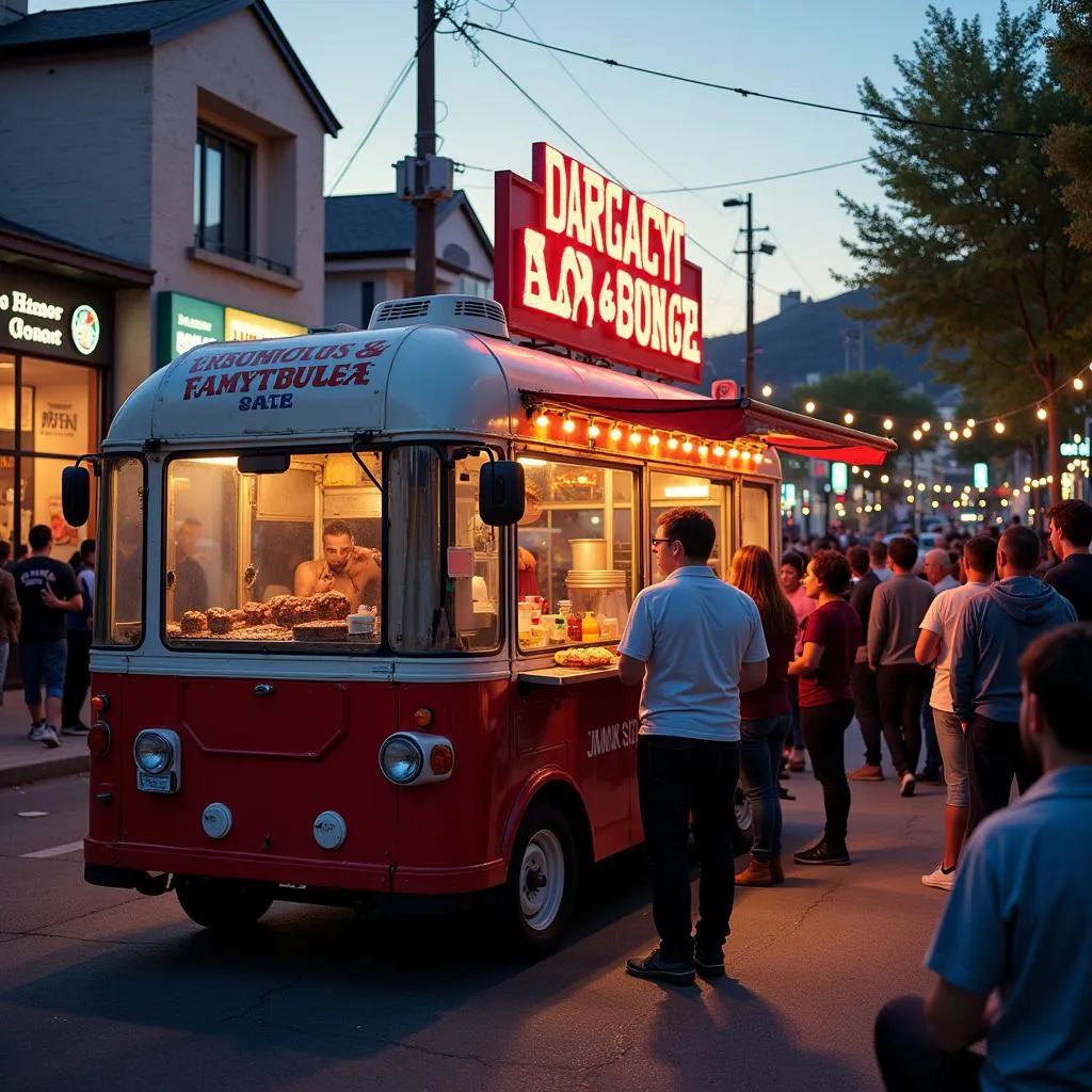 Busy burger shack food truck serving customers on a bustling city street