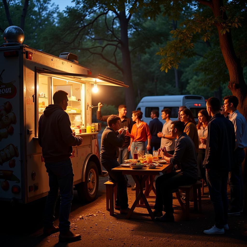 People from diverse backgrounds enjoying meals from a food truck