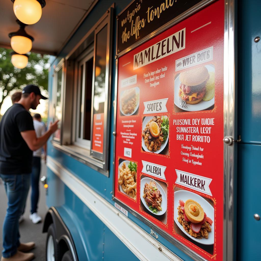 A colorful menu board displaying a variety of food truck offerings