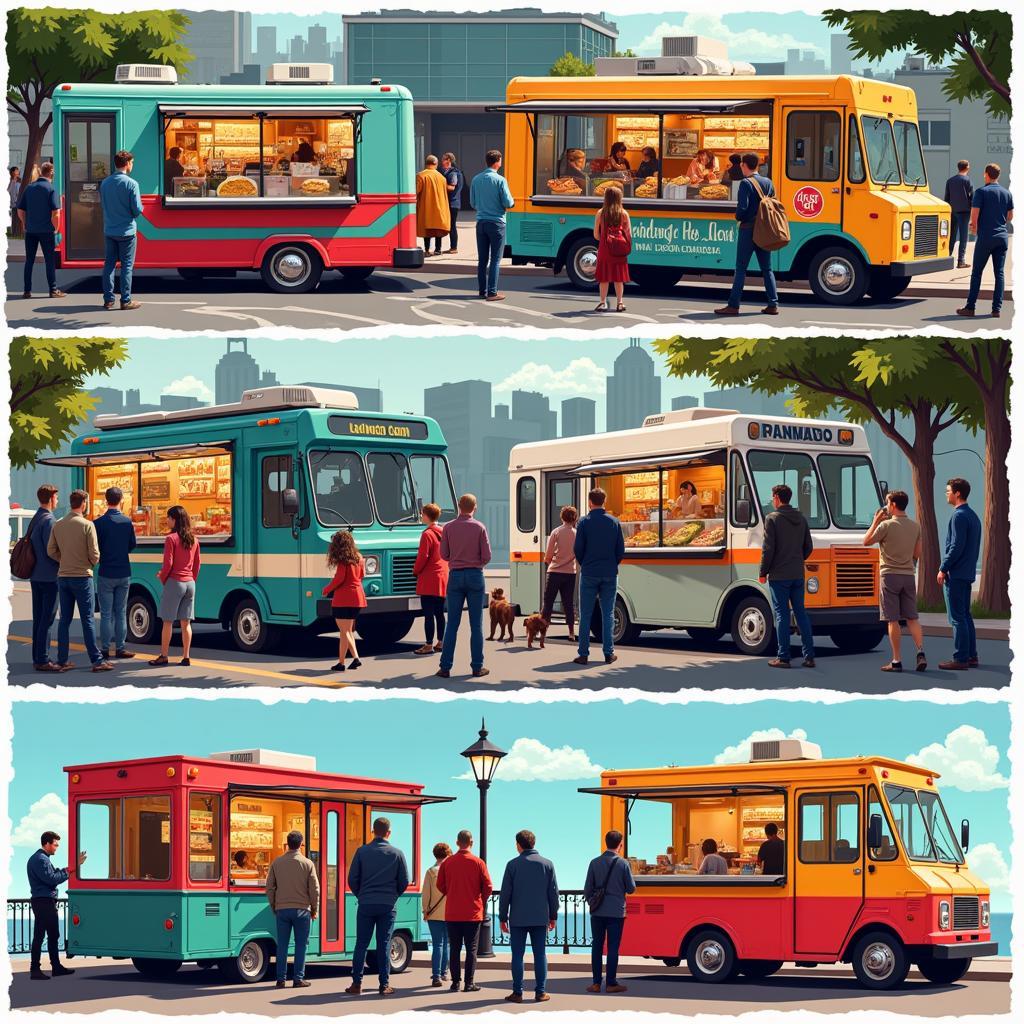 Food trucks parked near a bustling bus stop, offering a diverse range of cuisines