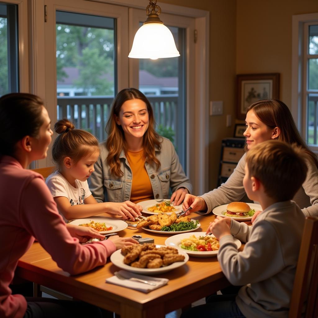 A busy family enjoying takeout meal together at their kitchen table