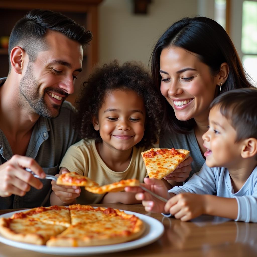 Busy family enjoying frozen pizza together