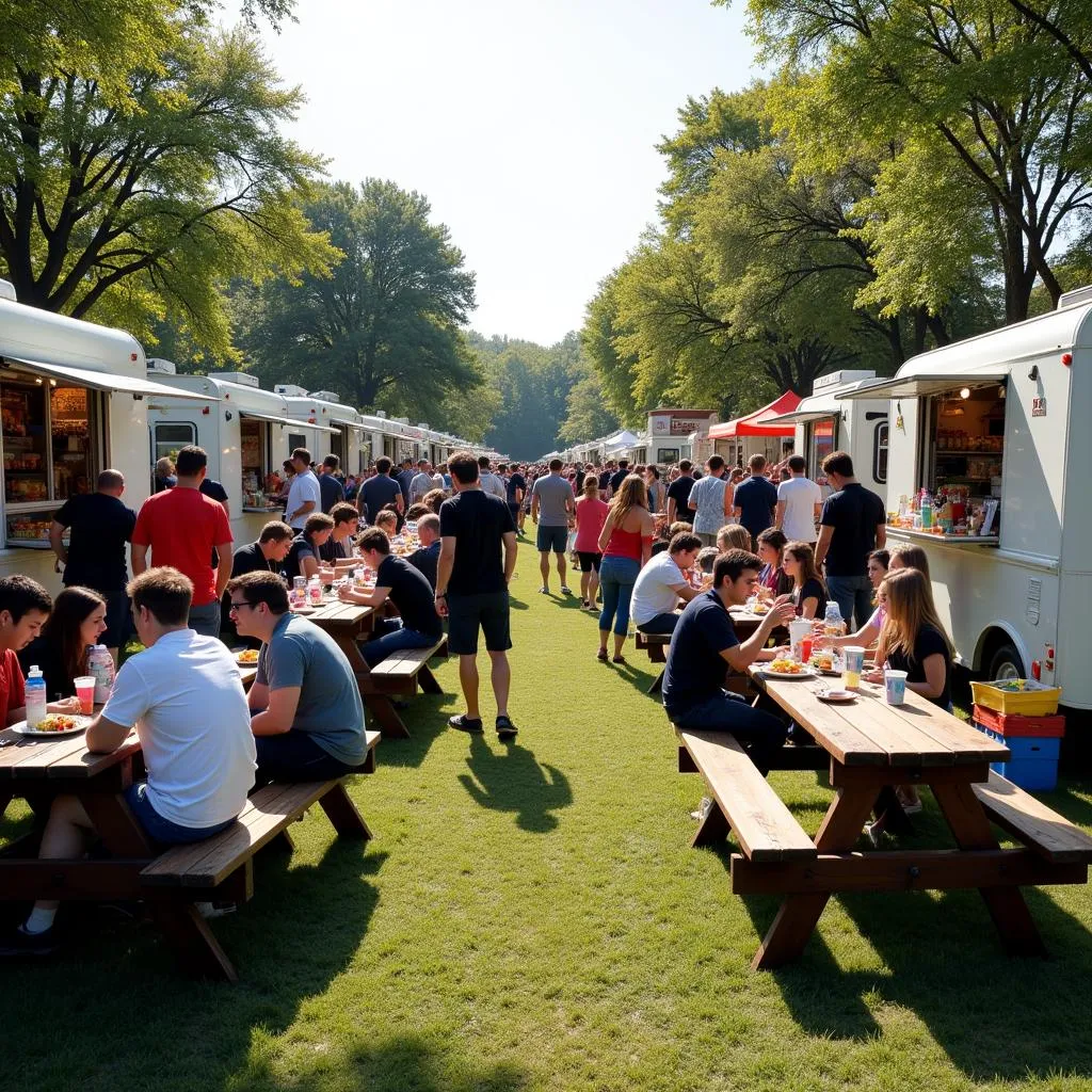 Customers enjoying food at a lively food truck festival