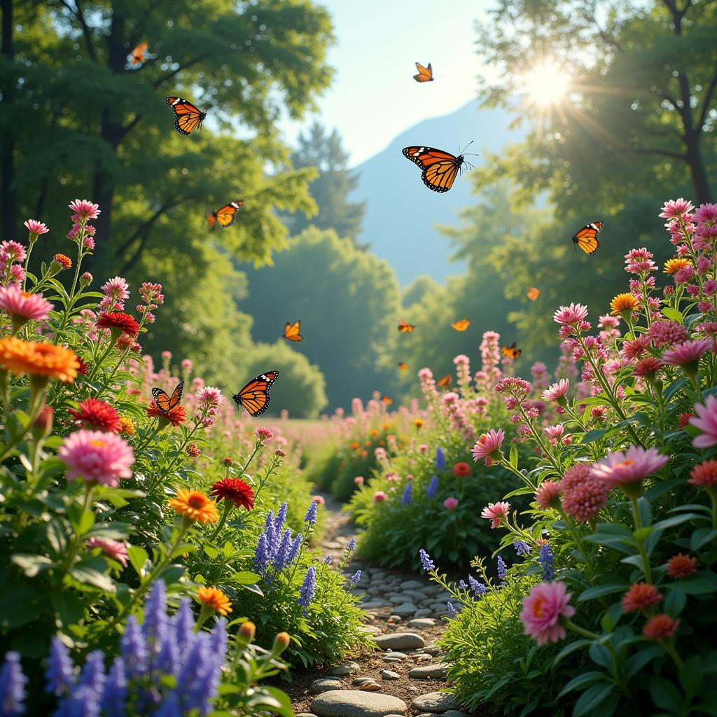 A vibrant butterfly garden filled with colorful flowers attracting butterflies