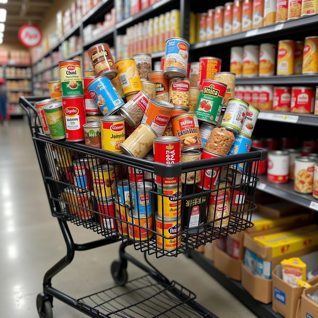 Shopping Cart Filled with Bulk Canned Goods