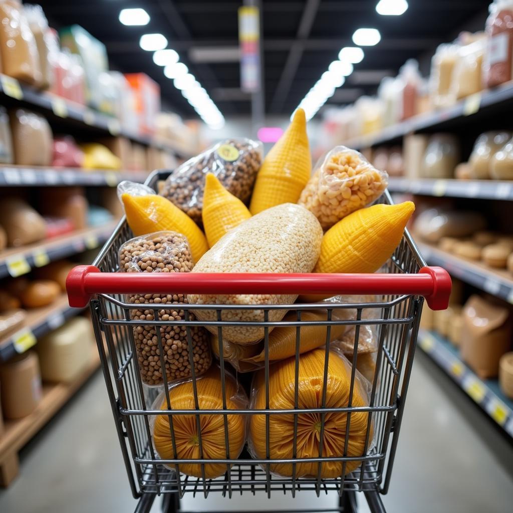 A shopping cart overflowing with groceries at a bulk discount store