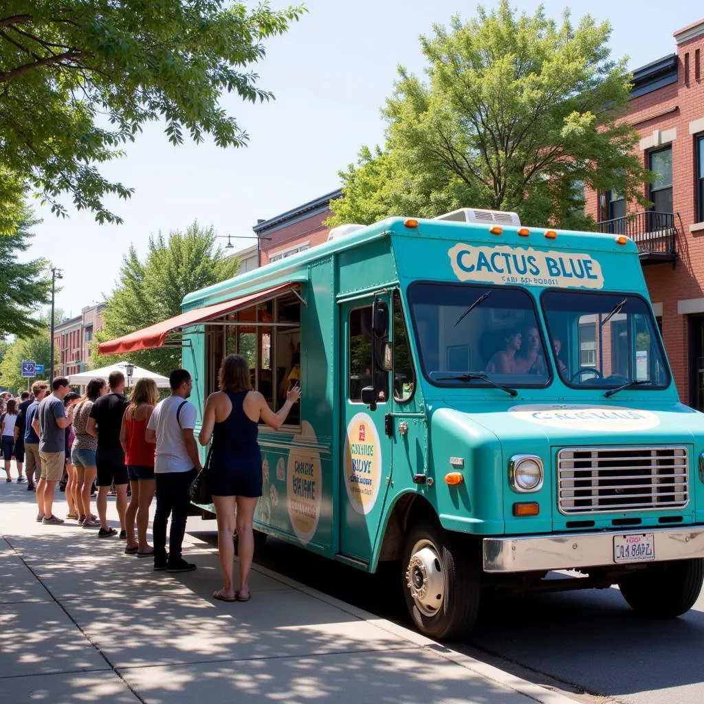 Cactus Blue food truck parked on a bustling city street with a line of eager customers.