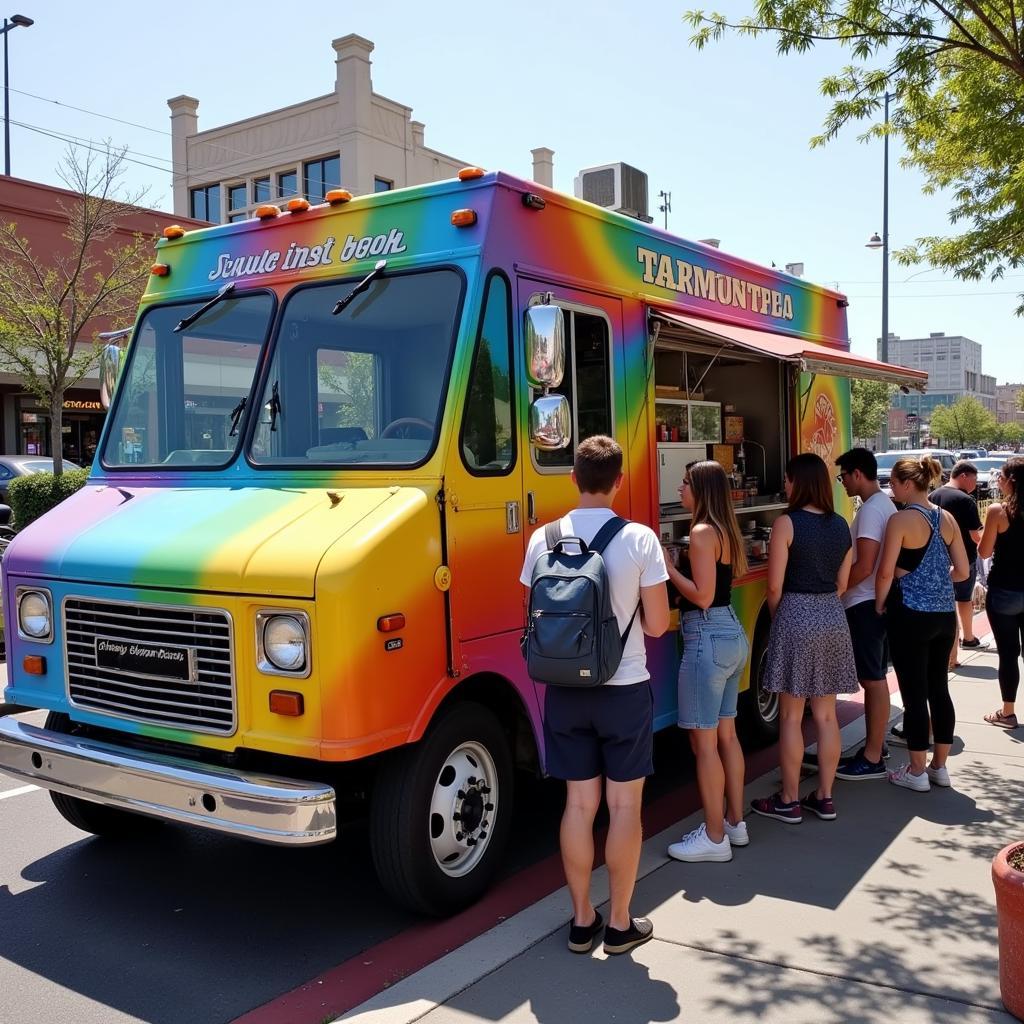 Cactus Rainbow Food Truck parked on a vibrant city street, bustling with customers.