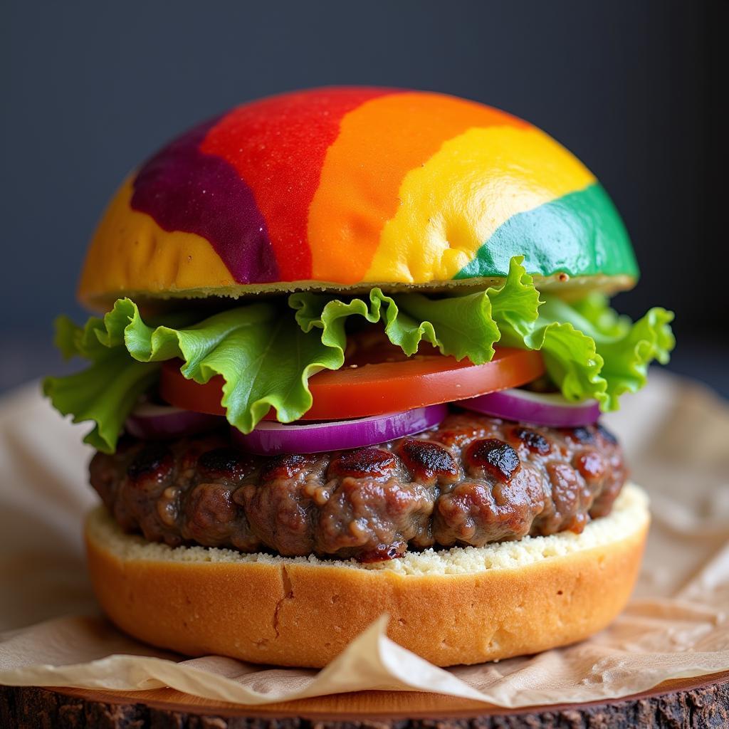 A close-up shot of the signature Cactus Rainbow Burger, showcasing its colorful bun and fresh ingredients.