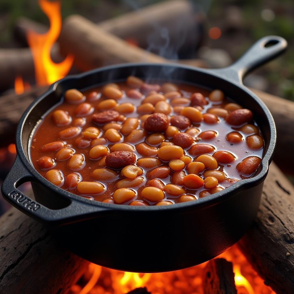 A cast iron pot of campfire baked beans simmers over an open fire.