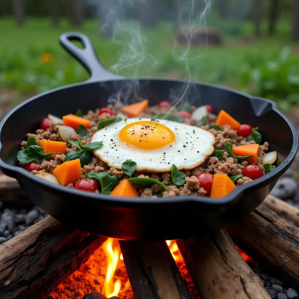 Campfire skillet breakfast hash with ground meat, vegetables and spices