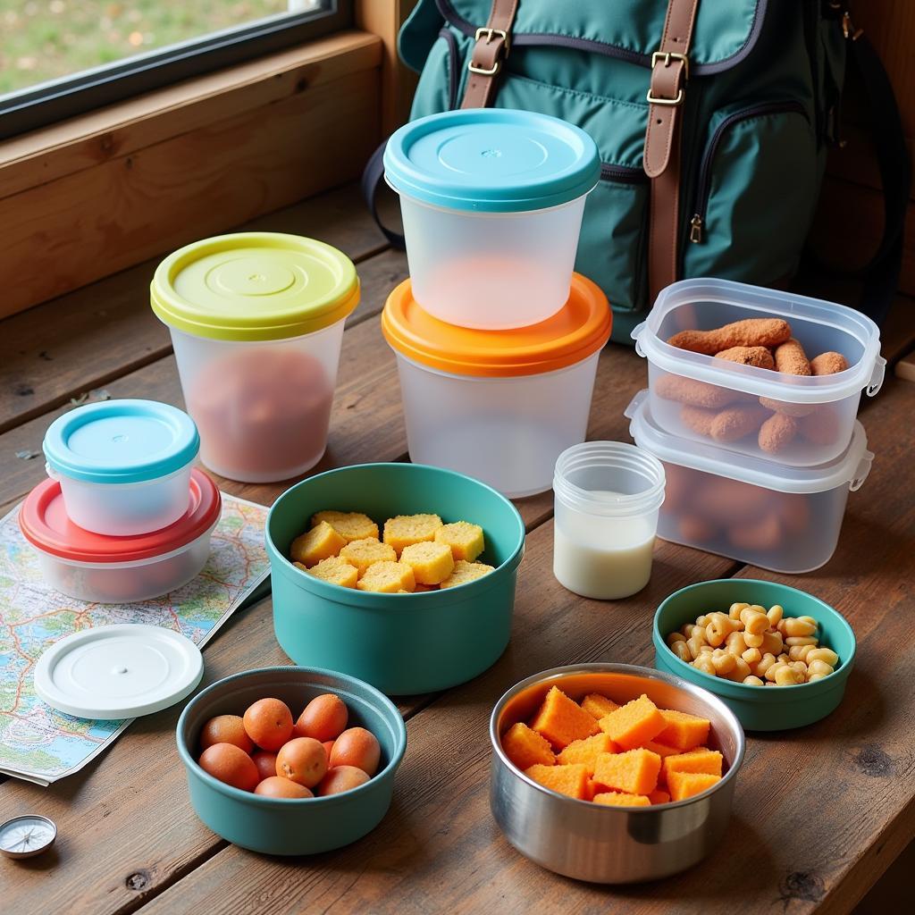 Assortment of camping food storage containers