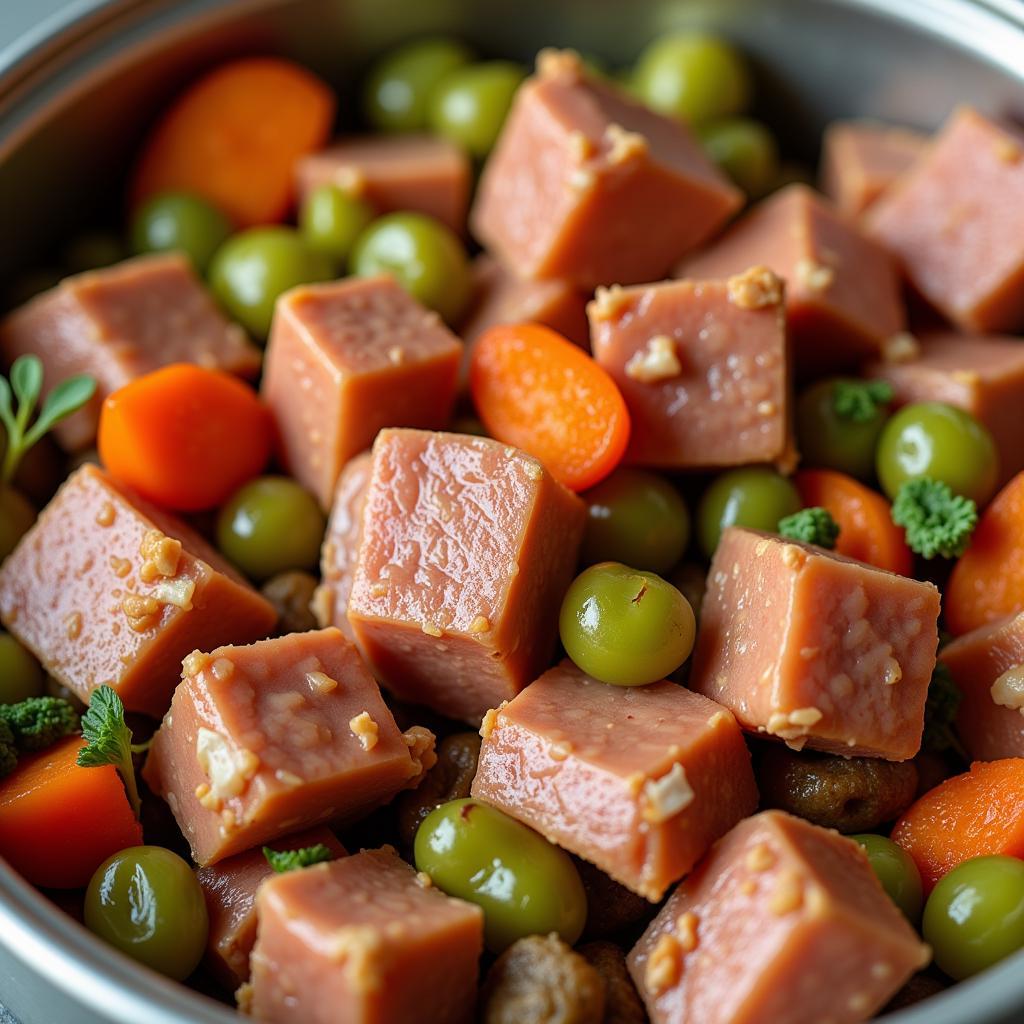 Close-up shot of premium canned cat food ingredients