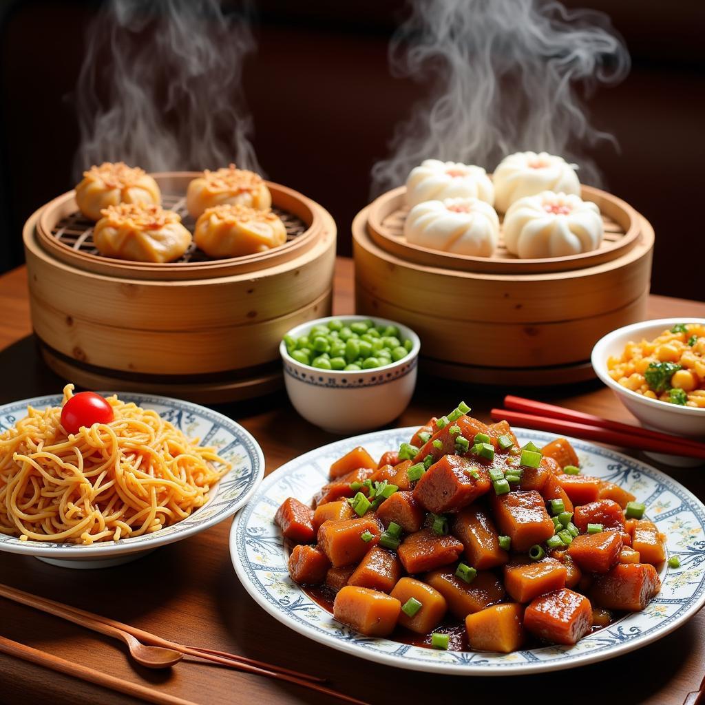 A table setting with various Cantonese dishes including dim sum, sweet and sour pork, and chow mein.