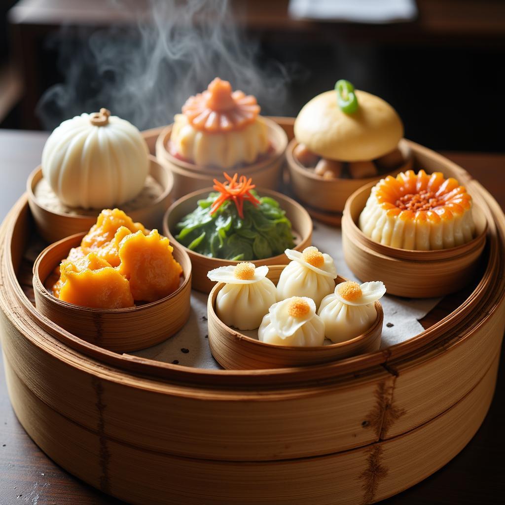 A colorful platter of assorted Cantonese dim sum.