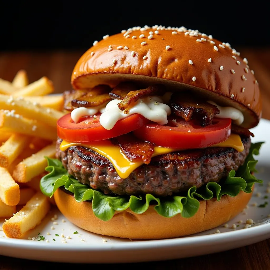 Close-up shot of the Capones signature gourmet burger with a side of truffle fries