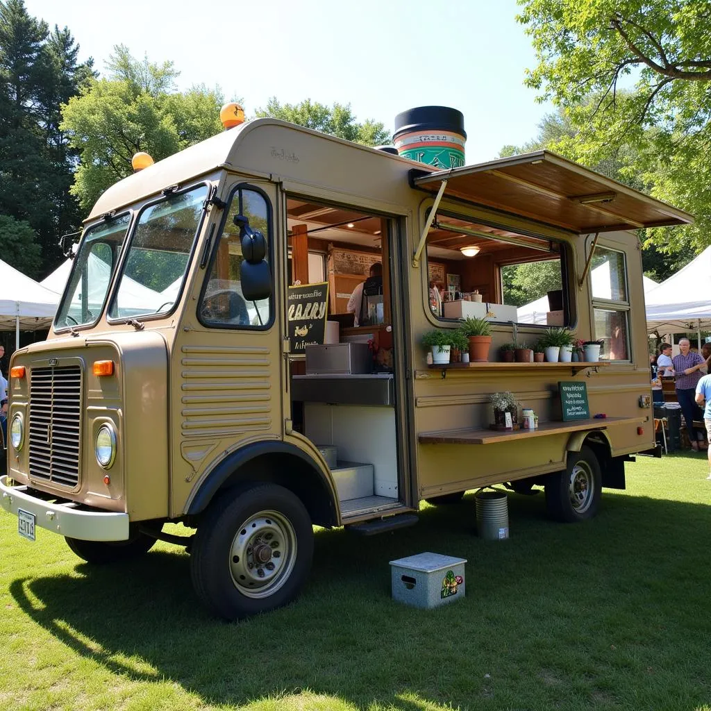 A caravan kitchen food truck selling gourmet vegan options at a farmers market, demonstrating the trend of plant-based eating and sustainable practices.