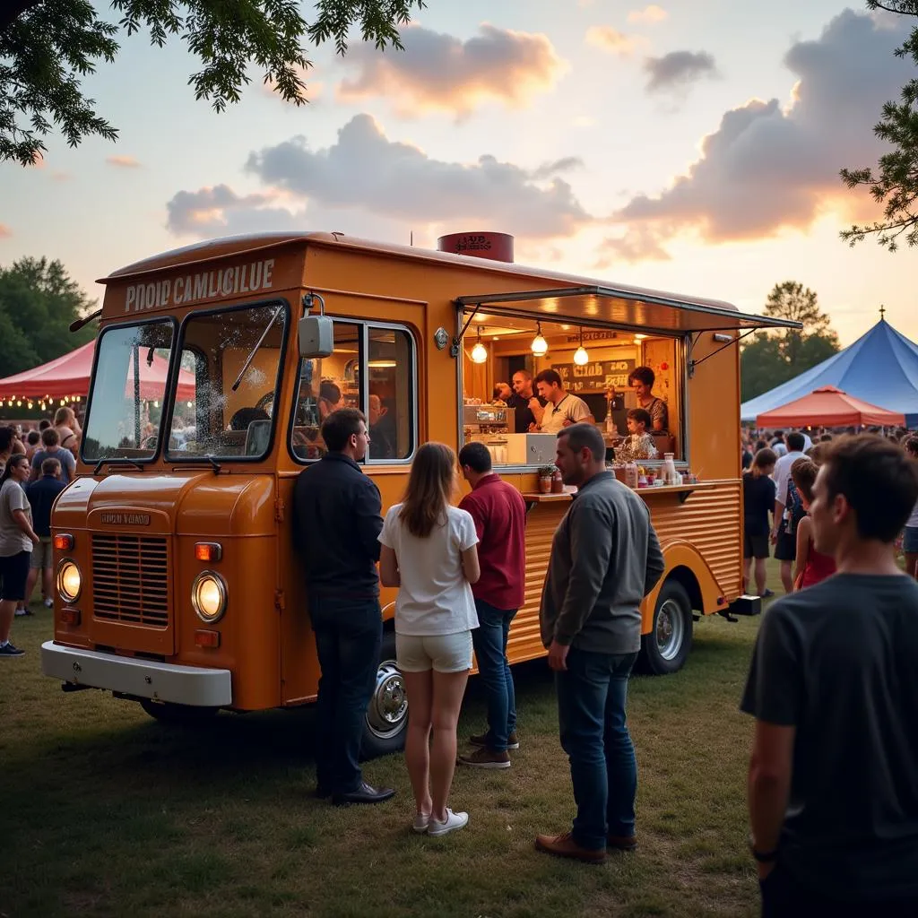 A caravan kitchen food truck serving food at a festival with live music, highlighting the trend of food trucks as part of community events and social gatherings.