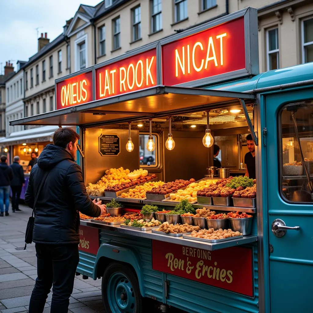 A caravan kitchen food truck selling diverse cuisine at a street food market in London, showcasing the trend of fresh ingredients and diverse culinary offerings.