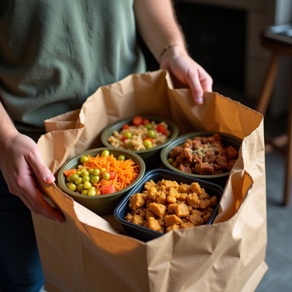  A person carrying a brown paper bag filled with takeout containers of Caribbean food