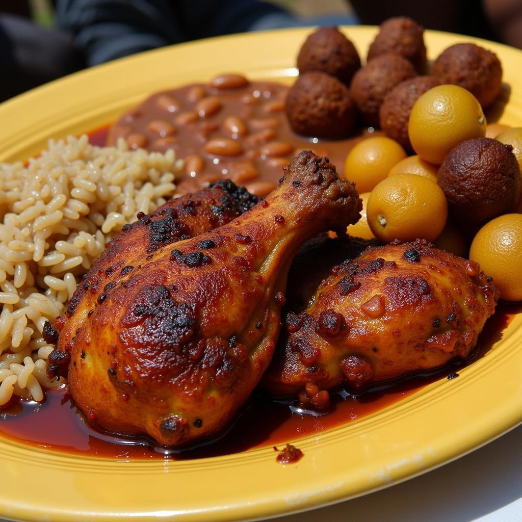 A platter of jerk chicken with rice and beans, plantains, and a side of festival.