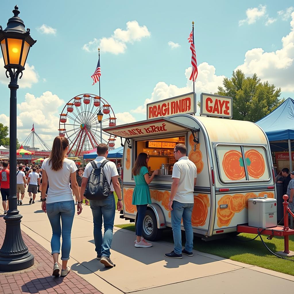 A carnival food trailer strategically positioned near a busy fairground entrance with a long line of eager customers