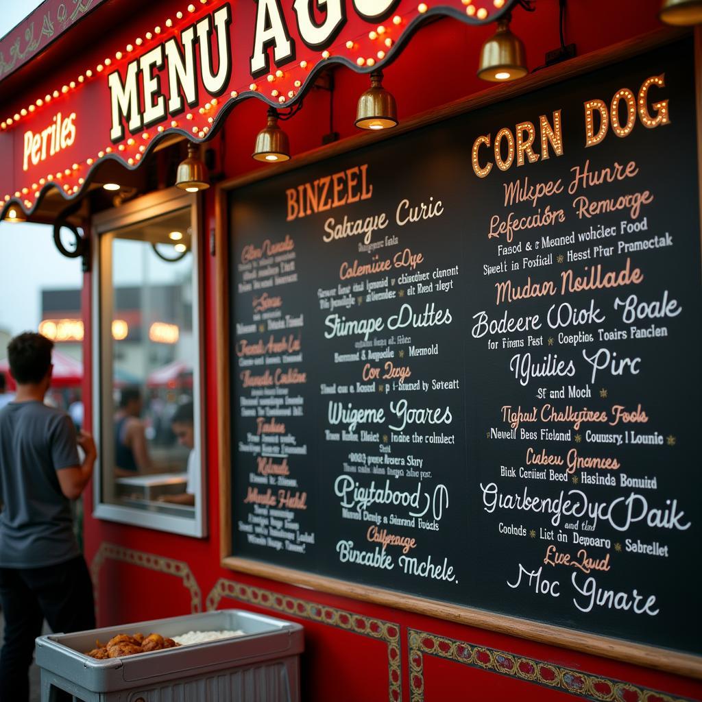 A chalkboard menu board listing classic carnival food items with mouthwatering descriptions