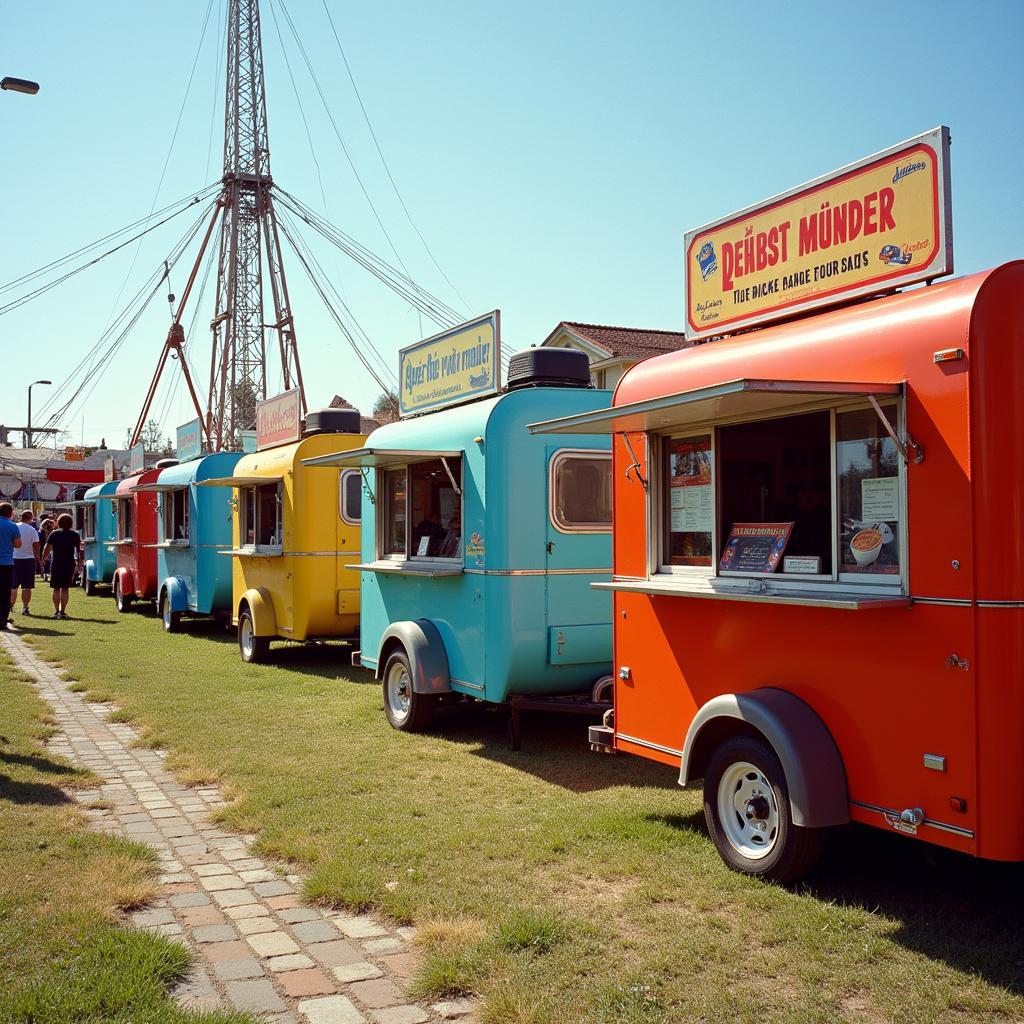 A variety of colorful carnival food trailers lined up at a bustling fairground