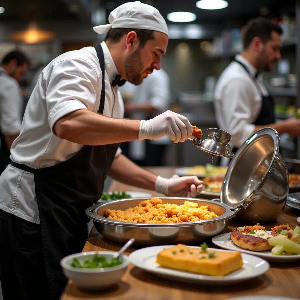 Chef using a Carter Hoffmann food warmer in a professional kitchen.