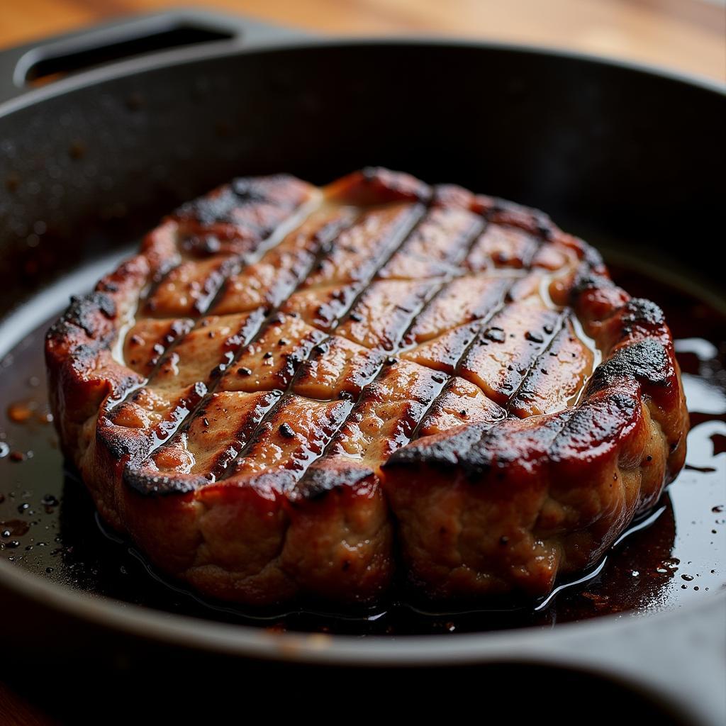 Seared steak in a cast iron skillet