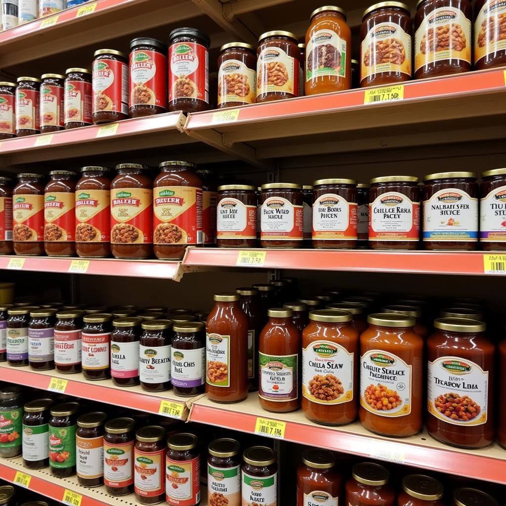 A variety of Castleberry Food products displayed on a shelf.