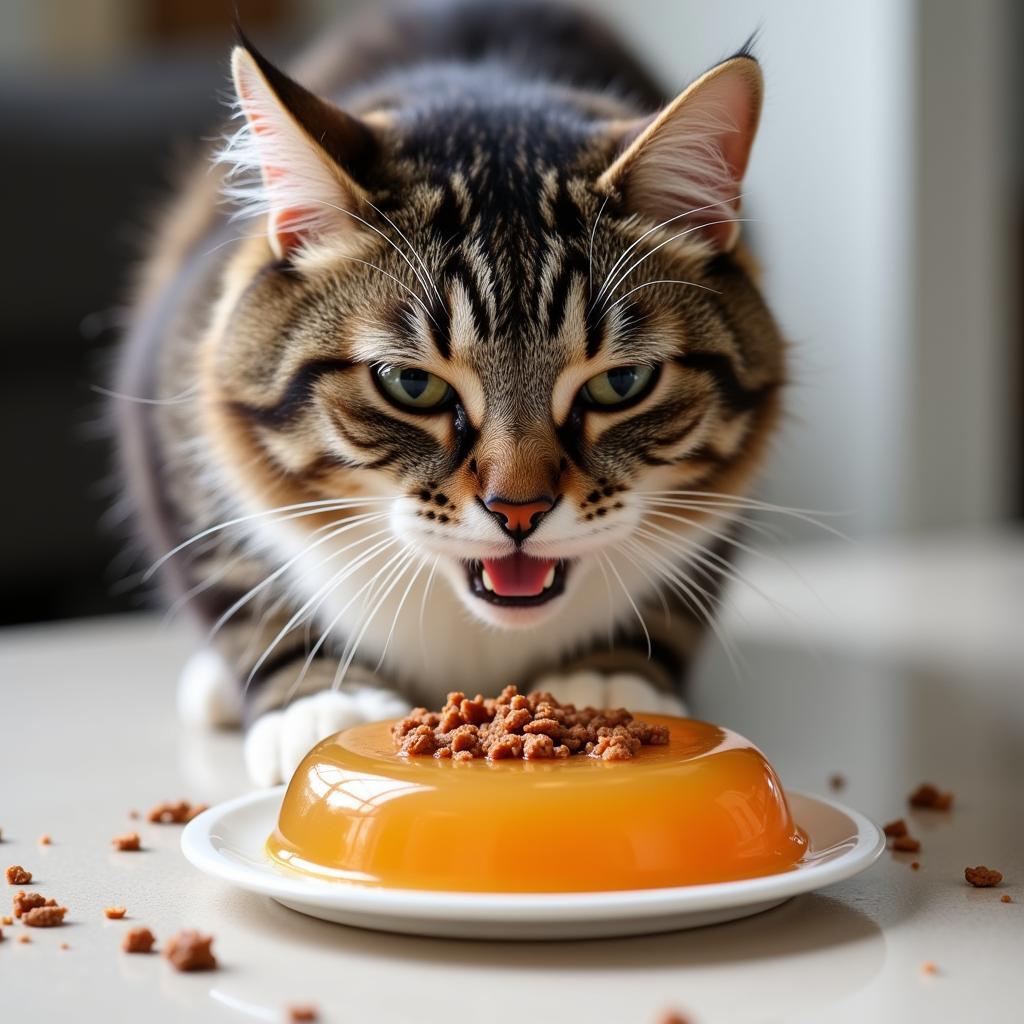 A cat enjoying agar agar infused cat food