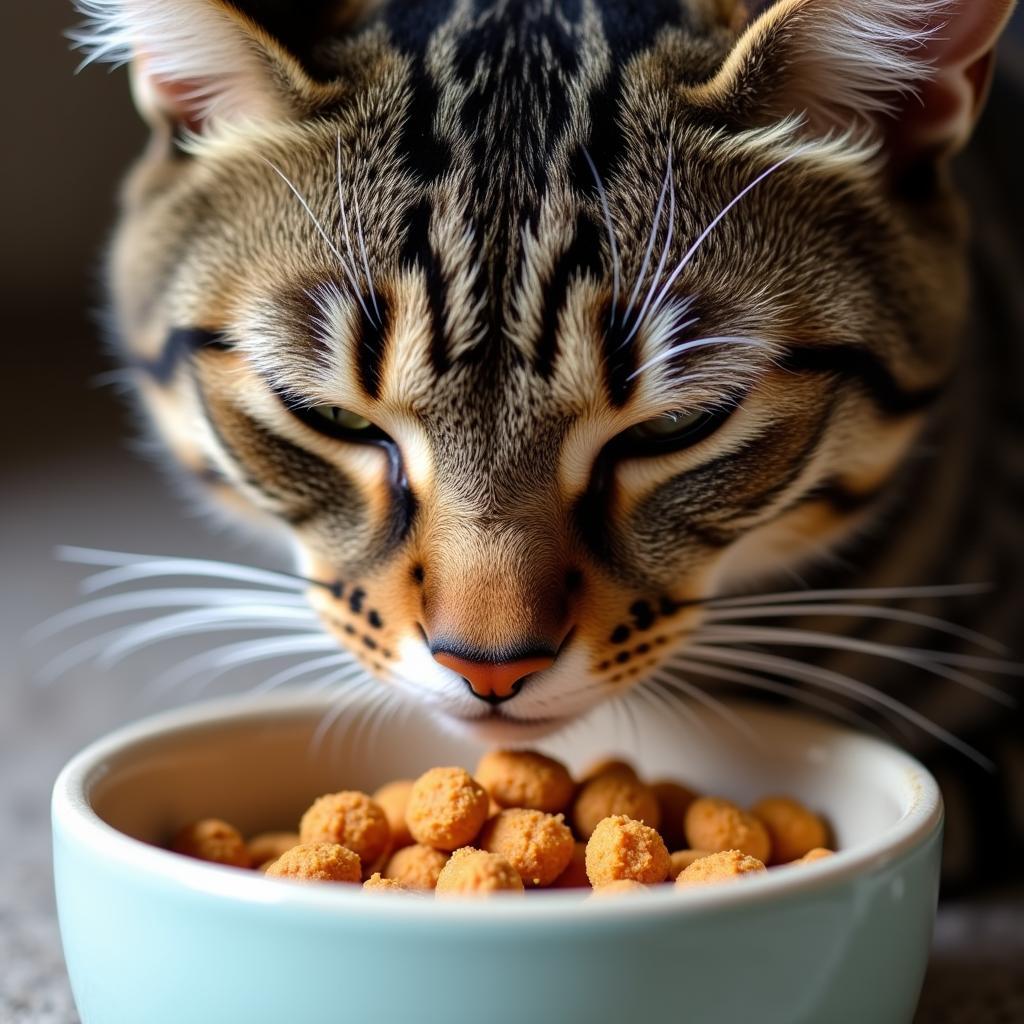 Cat eating dry food with pumpkin from a bowl