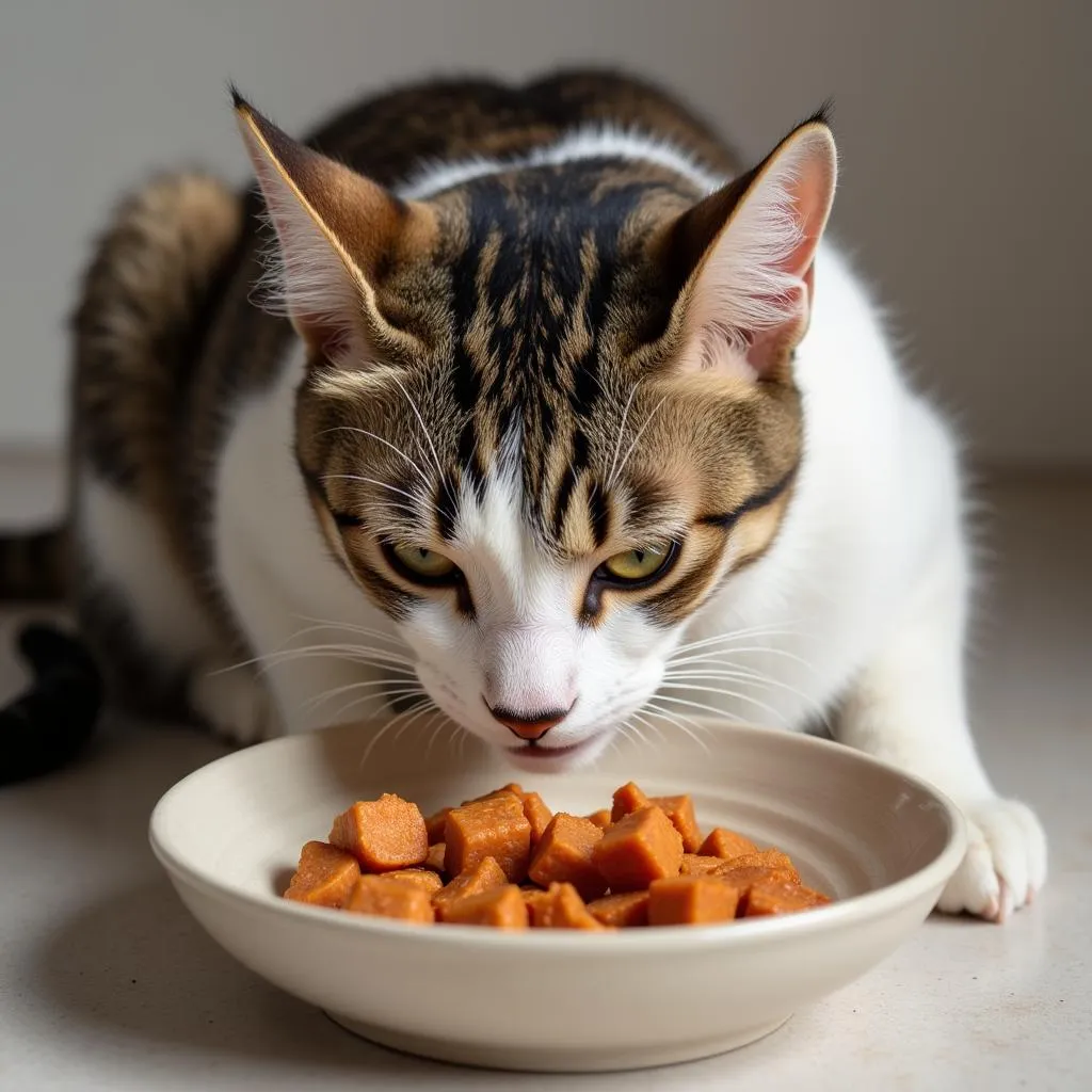 A content cat eating raw food from a bowl