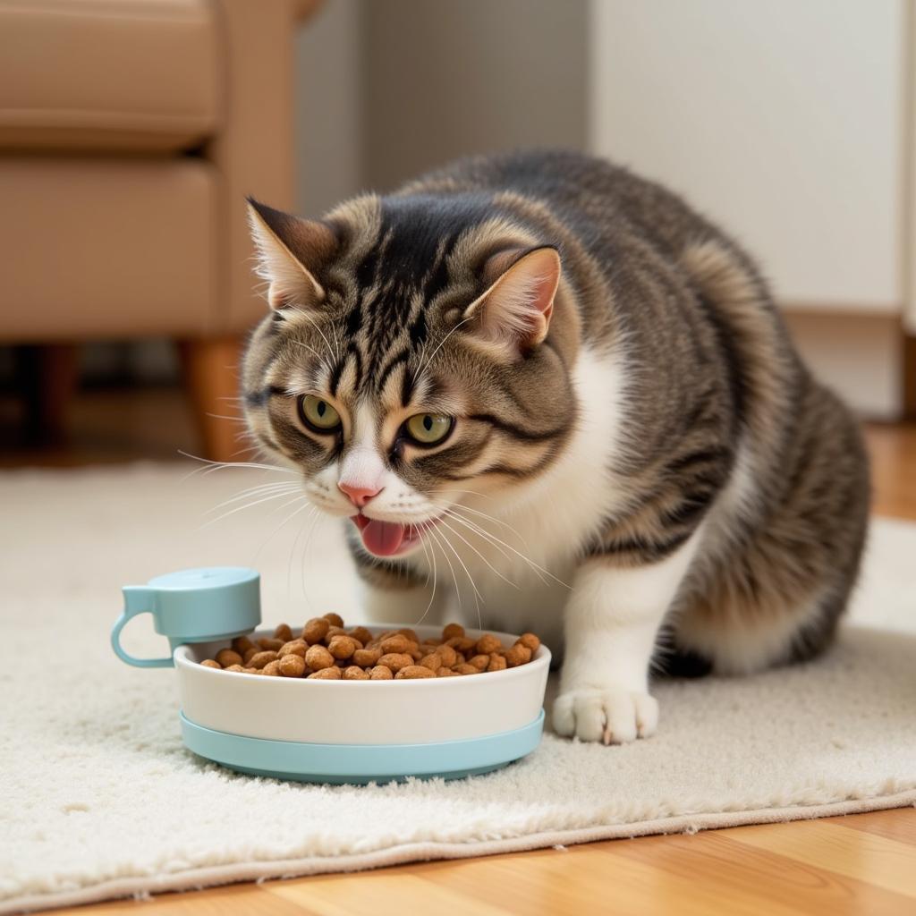 Cat eating from a bowl