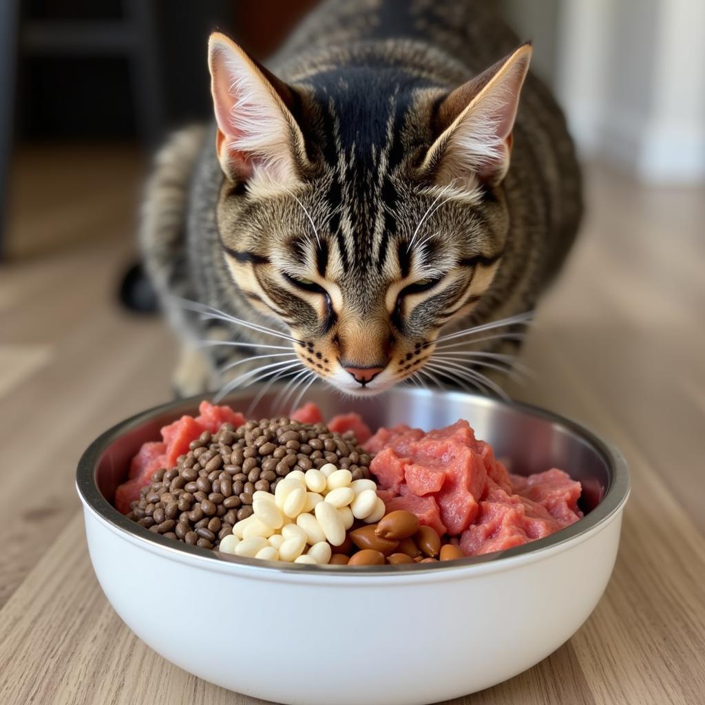 Cat Enjoying a Raw Food Meal with Supplements