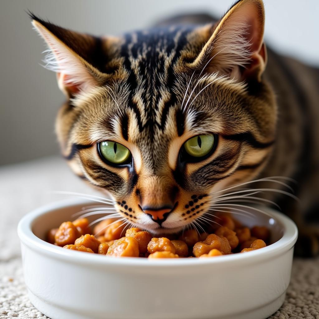 Cat eating wet food with pumpkin for hairball control.