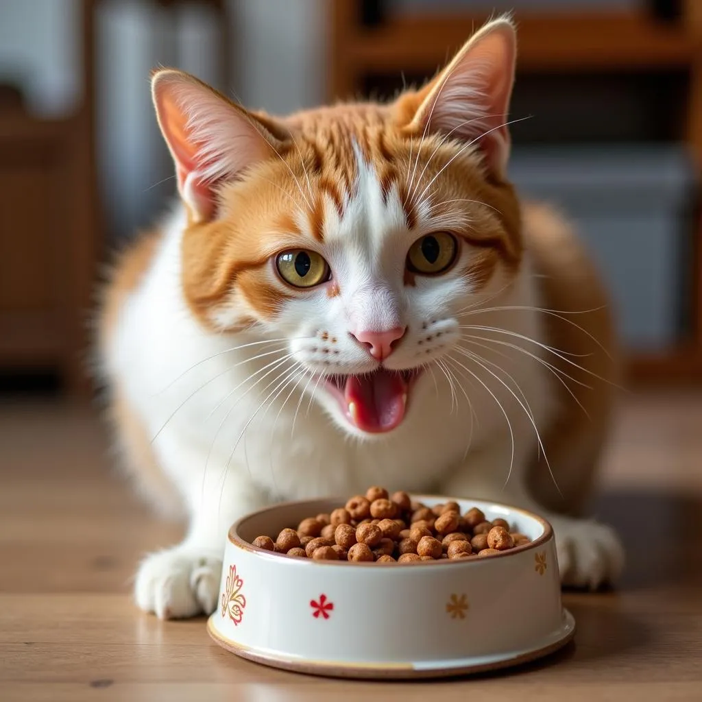 A happy cat eating Bravo cat food