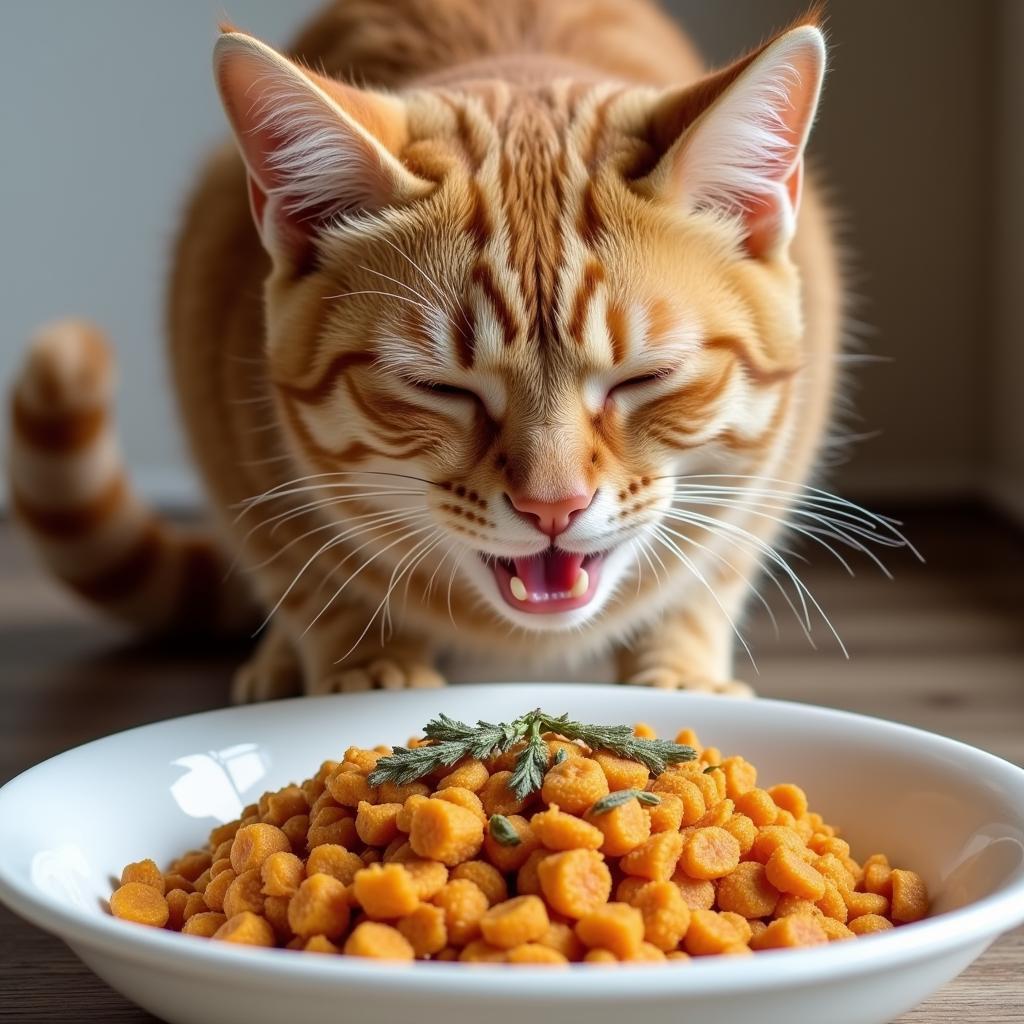 Cat happily eating dry food with pumpkin and a sprinkle of catnip