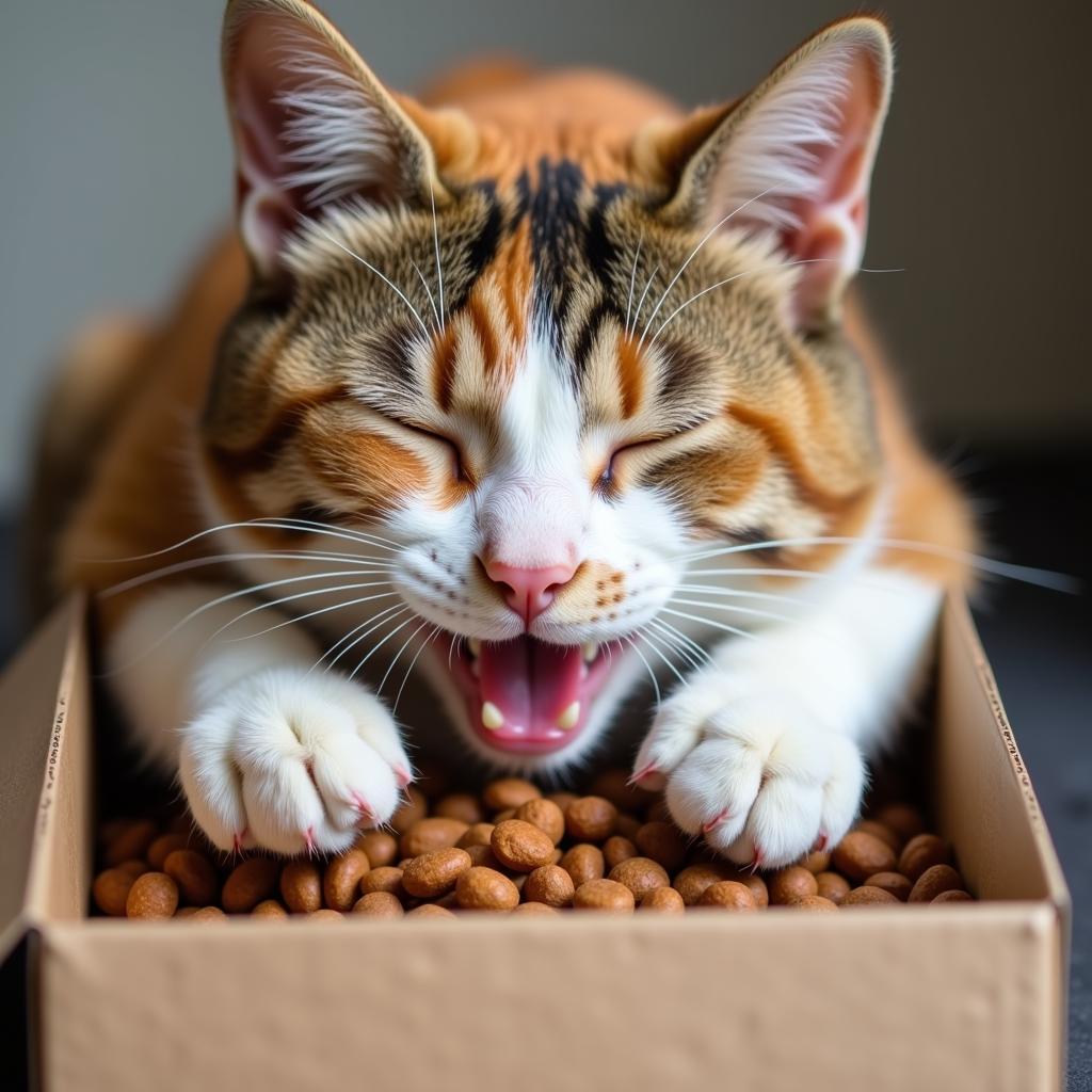 A content cat enjoying a meal from a box of cat food.