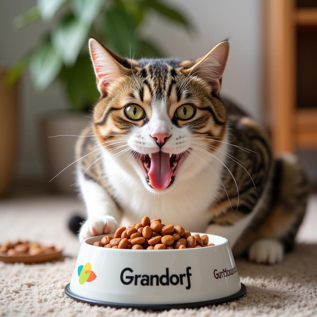 A happy cat eating Grandorf cat food from a bowl