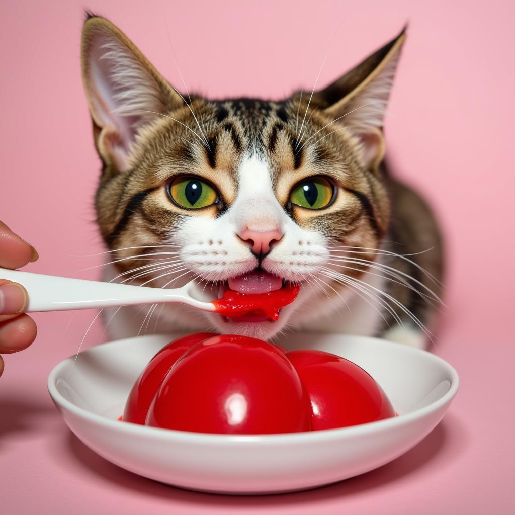 A content cat licking a spoonful of cat food jello