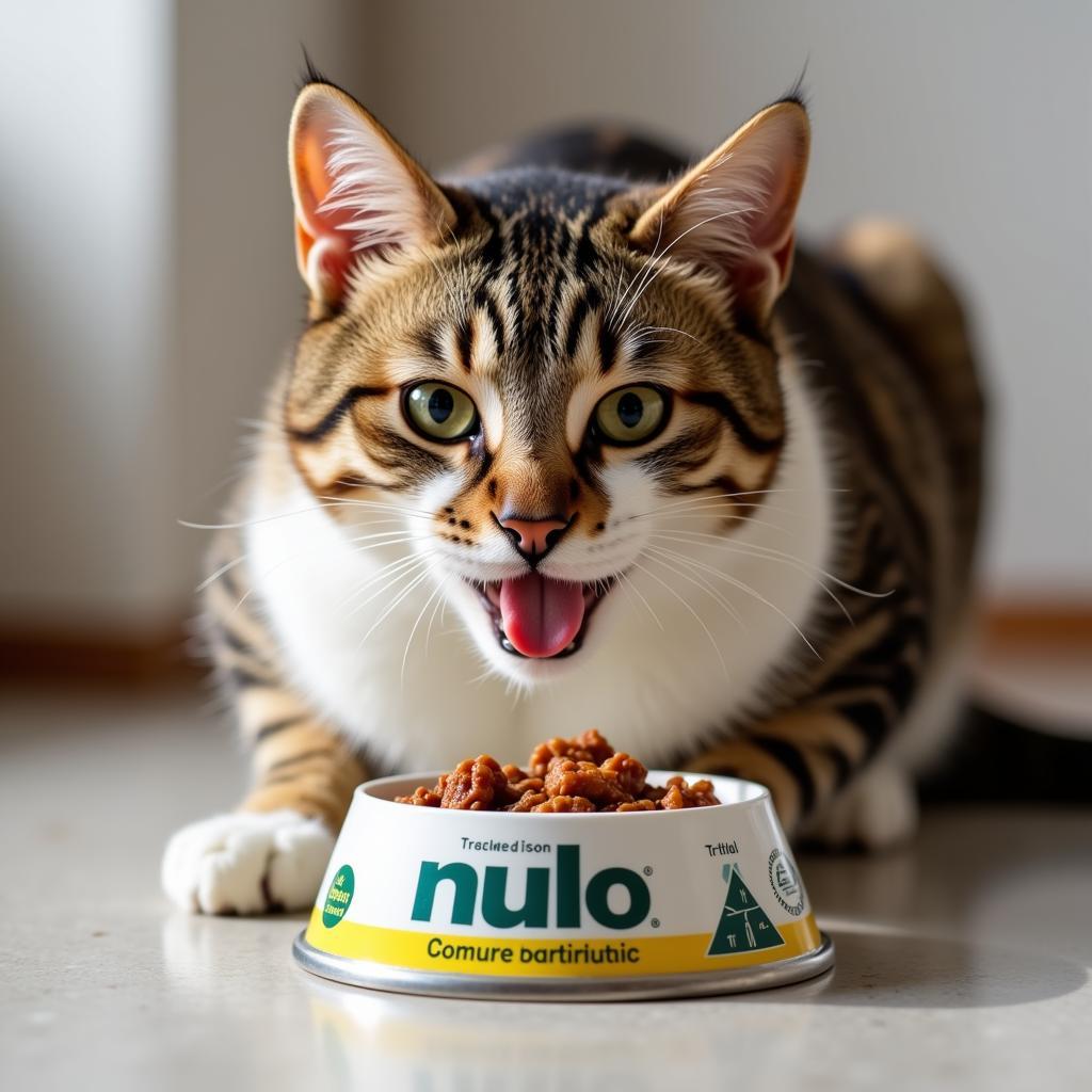 A happy cat enjoying a bowl of Nulo wet cat food