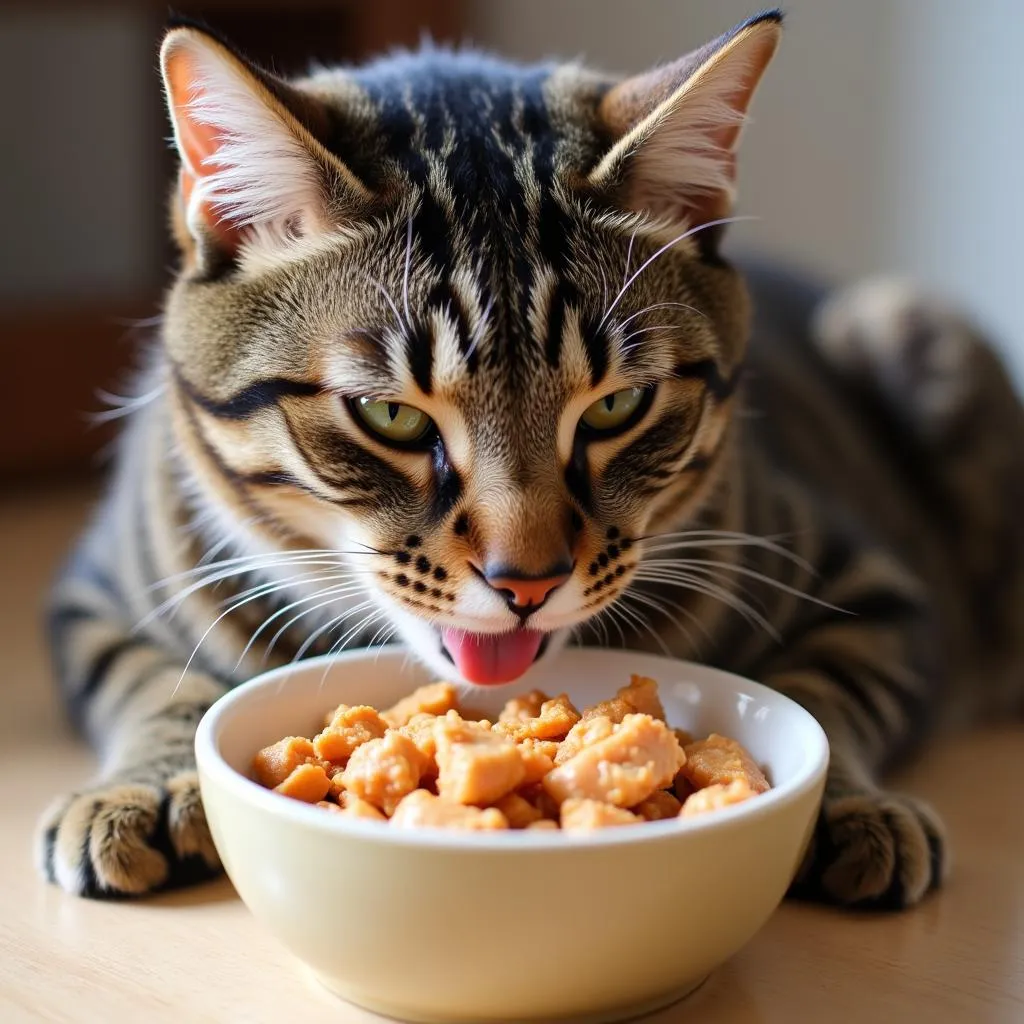 Cat Enjoying Wet Food with Topper