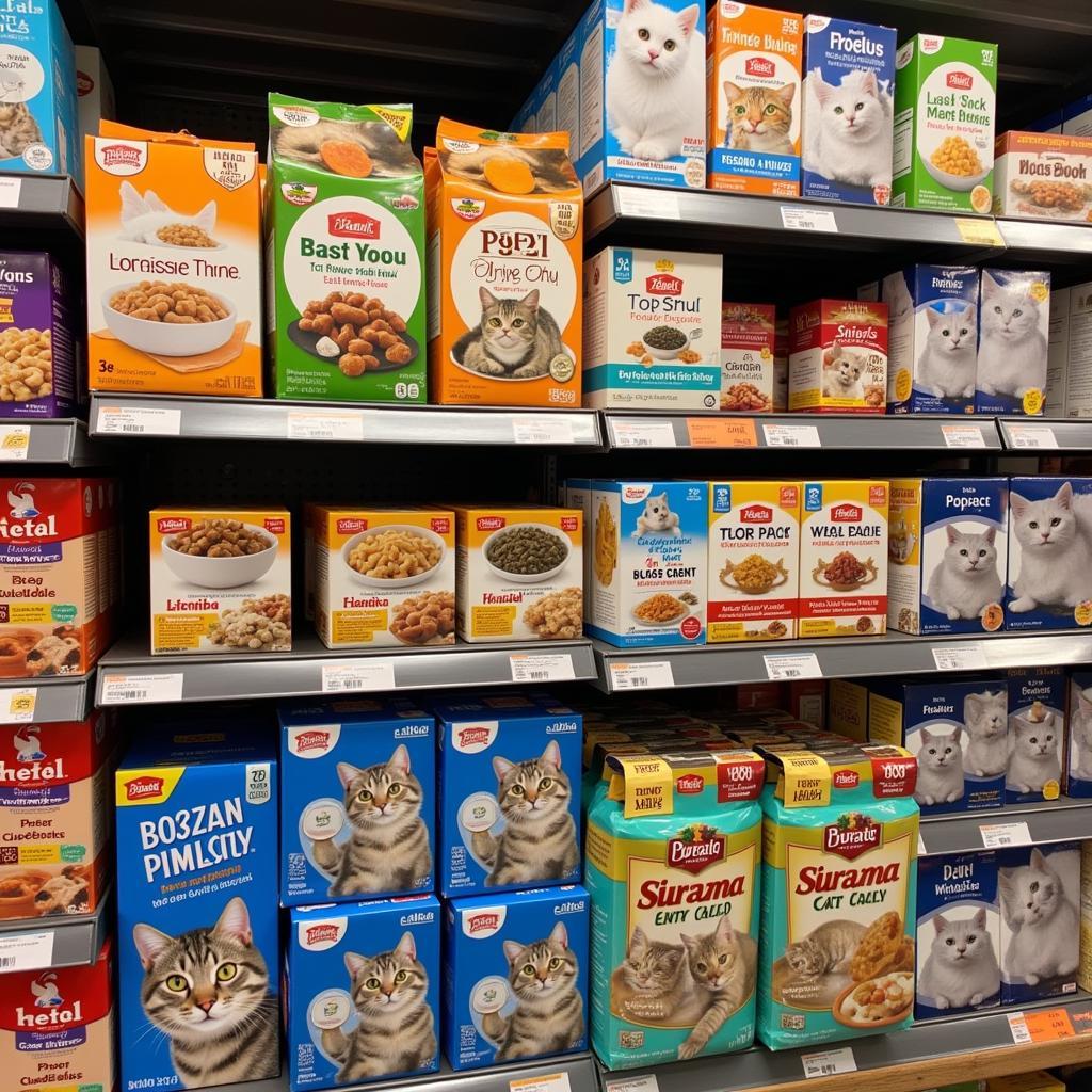 Cat food boxes arranged on a supermarket shelf