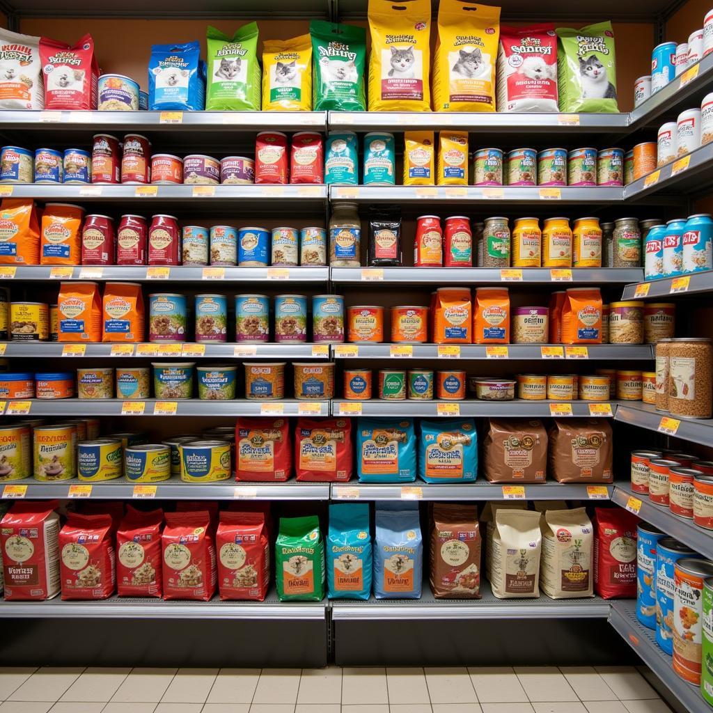 A variety of cat food bags and cans on a store shelf